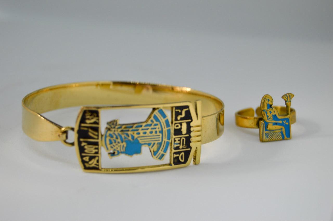 Cleopatra set-bracelet and ring colored with blue  طقم سوار وخاتم كليوبترا مزين باللون الأزرق - ShebaEU - متجر سبأ